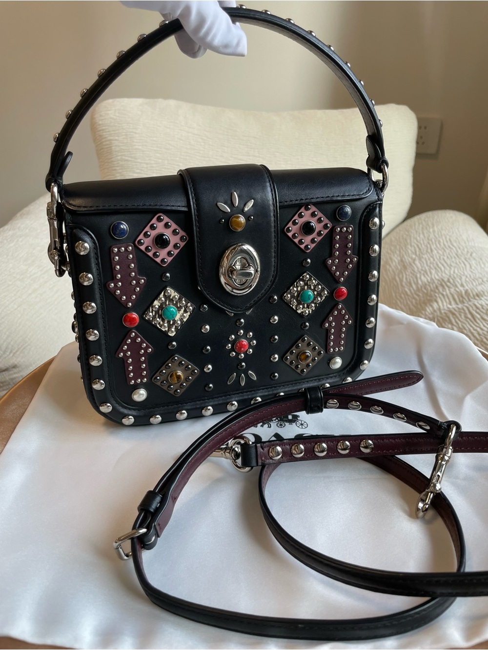 Coach Page Premium Edition Black Studded Leather Shoulder Bag w/t Multicolor Gem